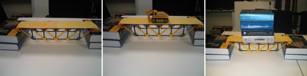 K'NEX bridge model 2 supported (left), lightly loaded (middle), and heavily loaded (right).