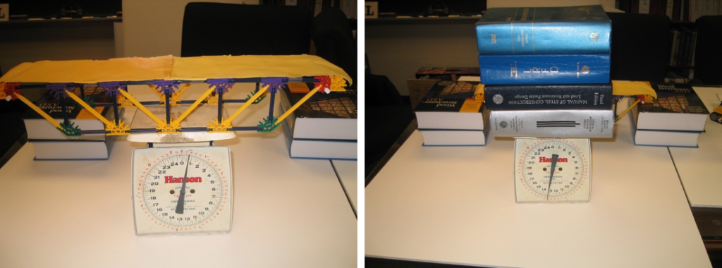 Using a scale to weight the bridge (left) and the textbooks (right).